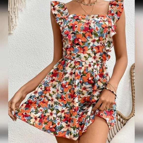 Frenchy Women Bow Backless Back Tie Leaf Edge Vacation Printed Red Summer - Picture 2 of 4